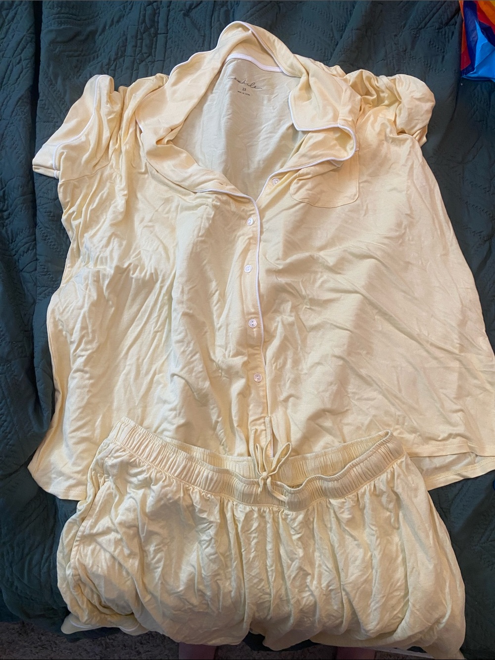 Light Cream Short Sleeve Button Pajama Set with Drawstring Shorts